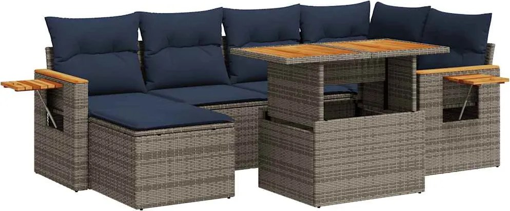 vidaXL 7 részes fekete polyrattan akácfa kerti ülőgarnitúra párnával