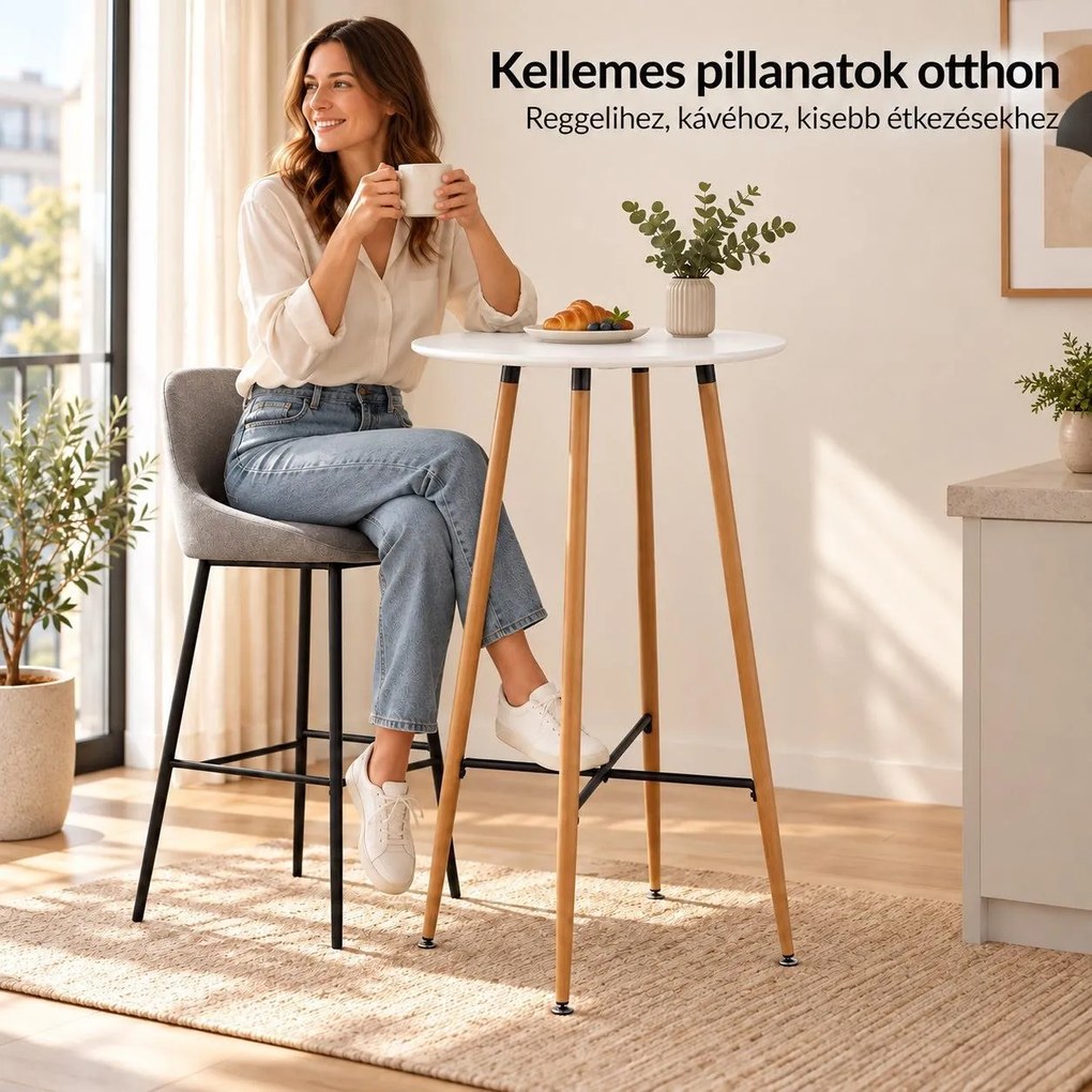Bárasztal, kerek MDF asztallappal, Ø60 x 102 cm, fehér/tölgy