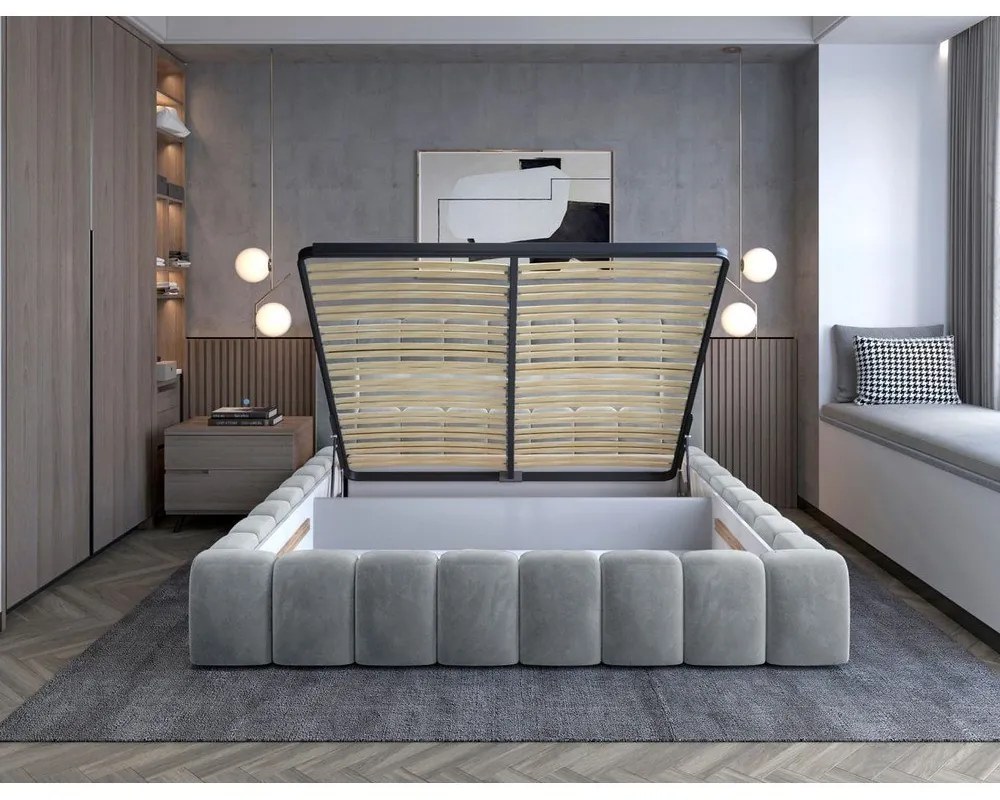 Világosszürke kárpitozott ágyneműtartós franciaágy ágyráccsal 160x200 cm Lamica – ELTAP