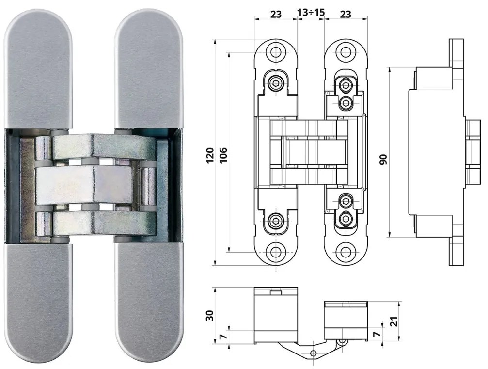 Otlav pánt rejtett IN230 3D 23x120mm horg.