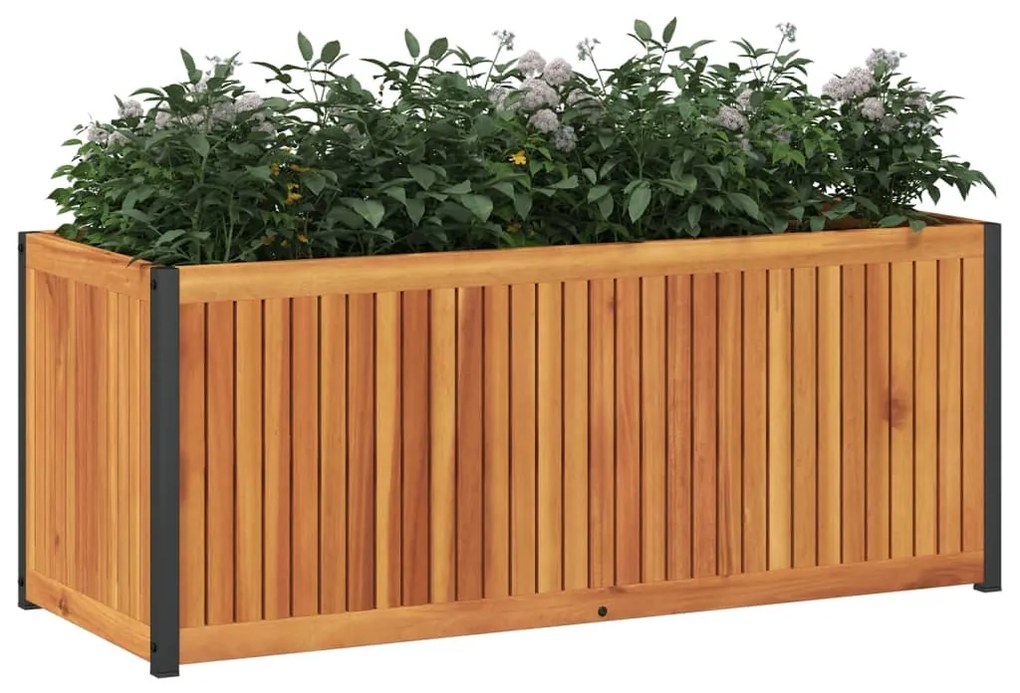 vidaXL tömör akácfa és acél kerti virágtartó 110 x 45 x 44 cm