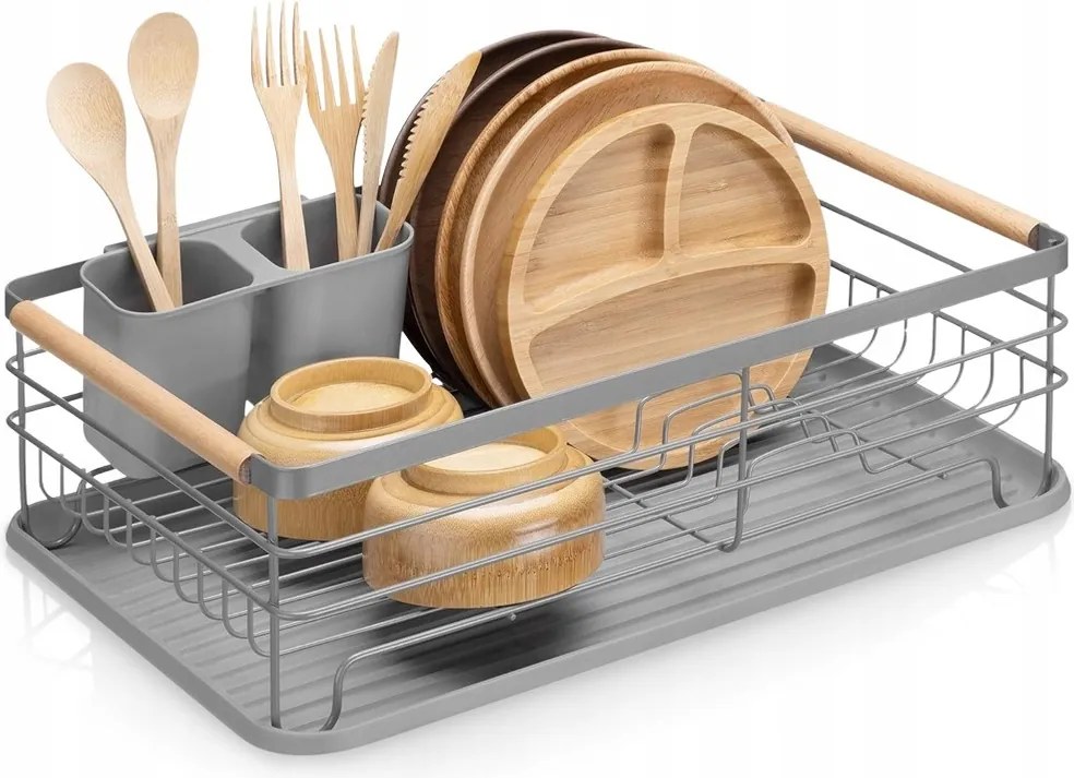 Szárítógép Csepegtető Edény Szürke Fém Fa Konyhai Fogantyúk