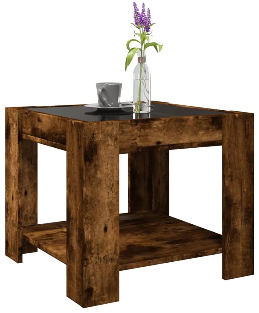 Füstös tölgy szerelt fa dohányzóasztal LED-del 53 x 53 x 45 cm