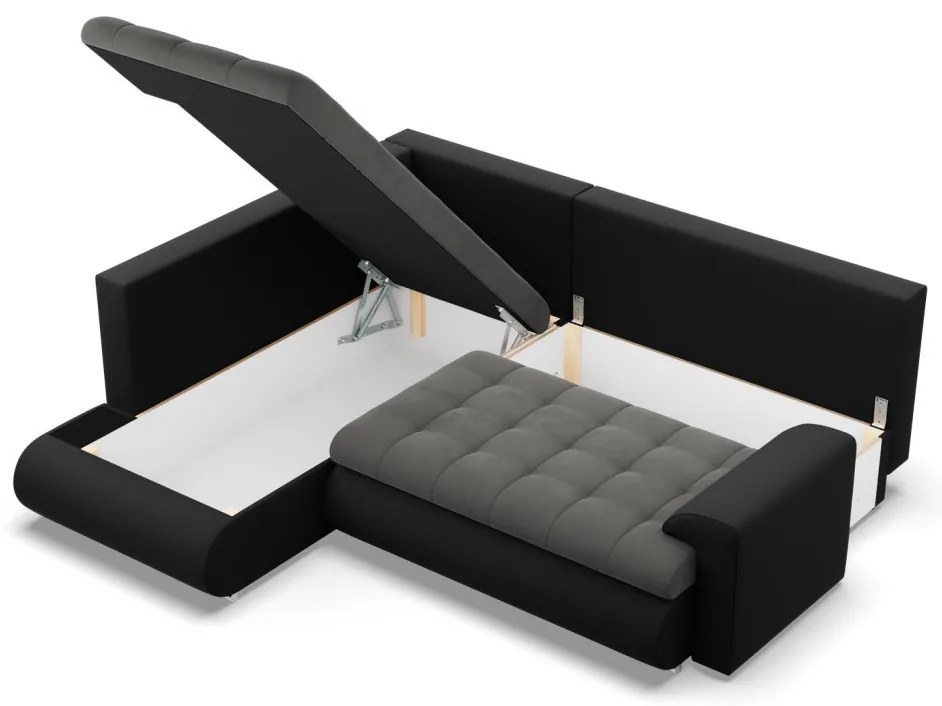 Tokio sarokkanapé, L alakú háttámlával, 2 ágyneműtartóval, bársony + műbőr, baloldali, szürke - fekete