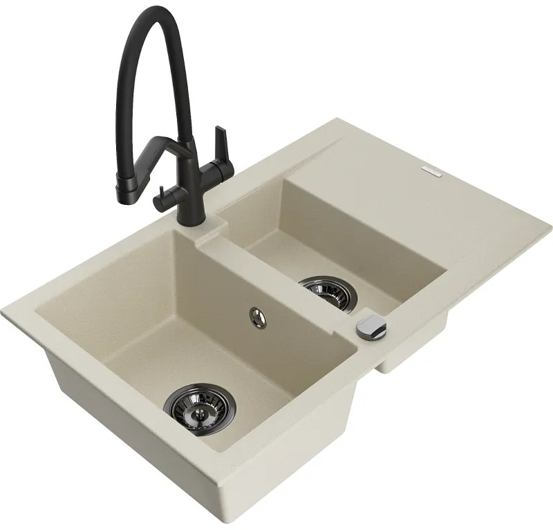 Mexen Gaspar gránit mosogatótálca 1,5 rekeszes csepegtetővel és Duo konyhai csapteleppel, bézs - 6507-69-671701-70-B
