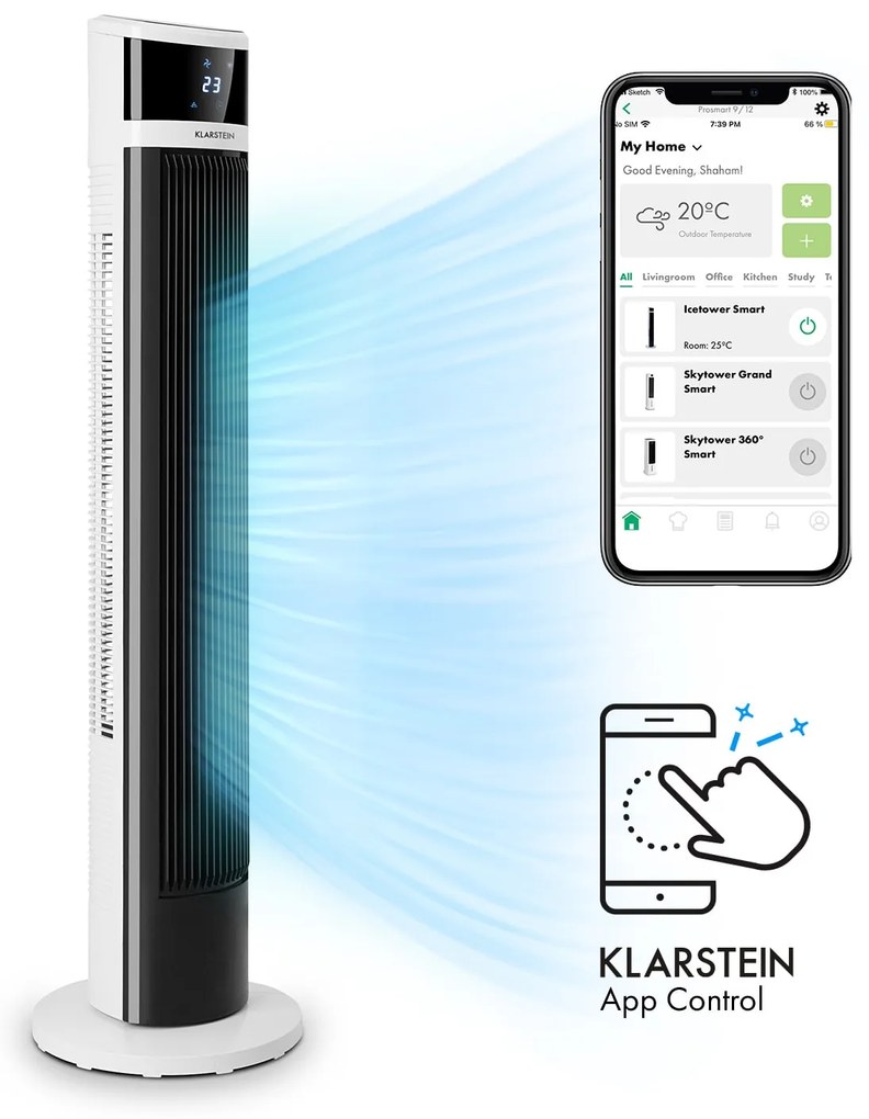 Klarstein Icetower Smart, torony ventilátor, 45 W, vezérlés alkalmazás által