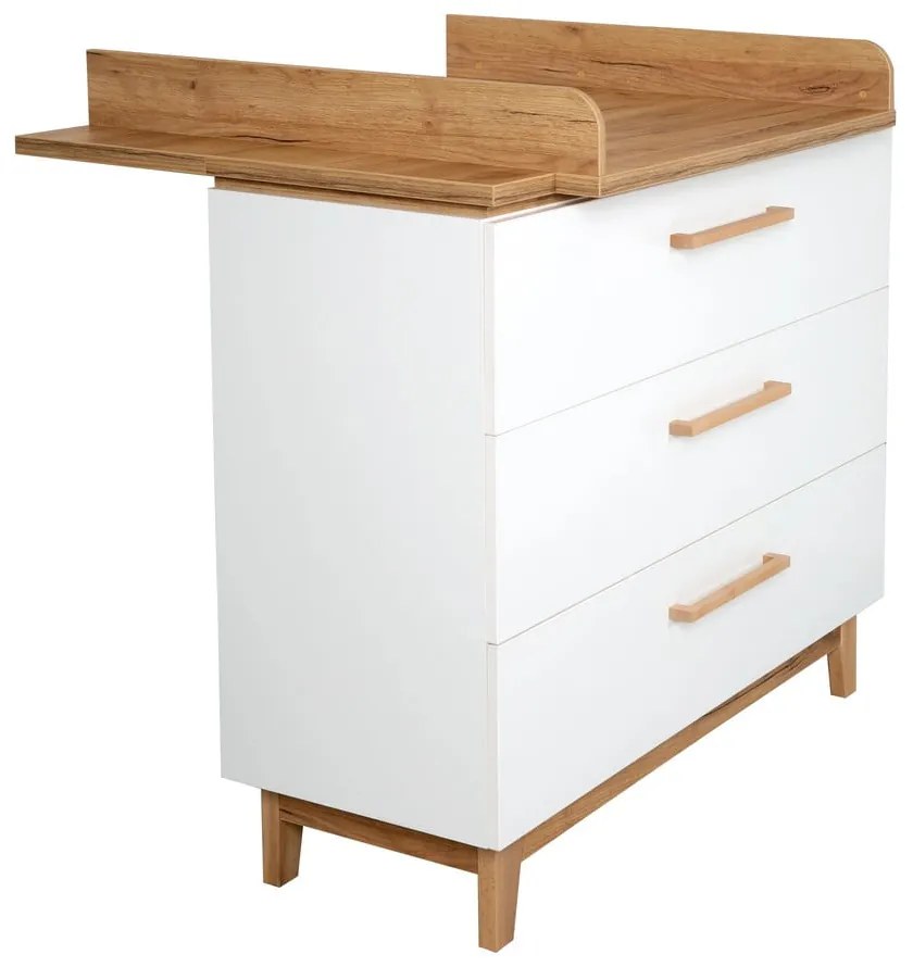 Fehér alacsony gyerek komód pelenkázó feltéttel tölgyfa dekorral 118x104 cm Finn – Roba