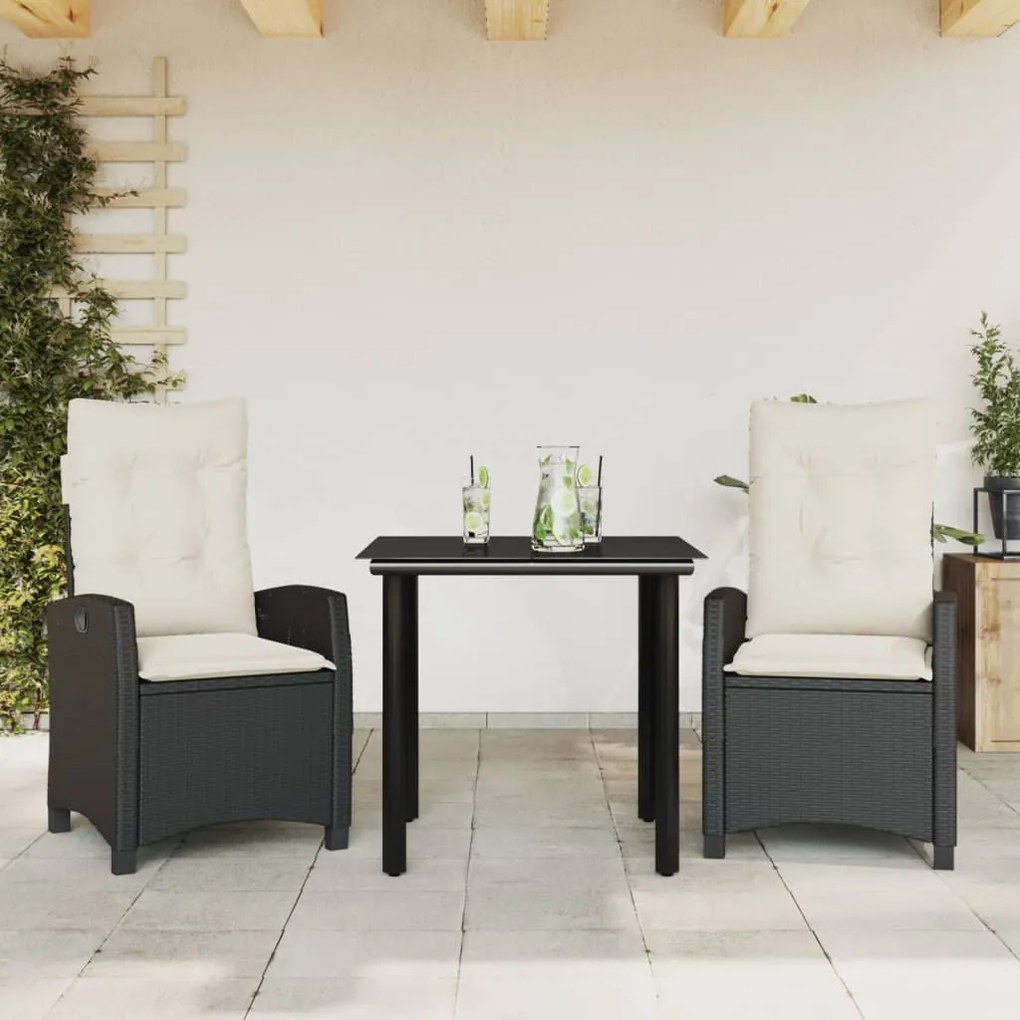 3 részes fekete polyrattan kerti étkezőgarnitúra párnákkal