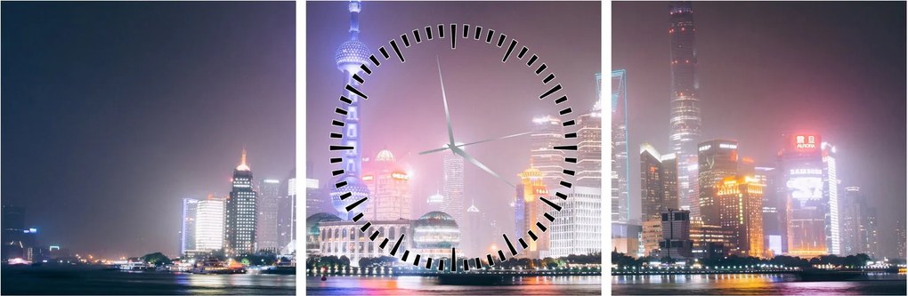 Éjszakai Shanghai képe (órával) (90x30 cm)