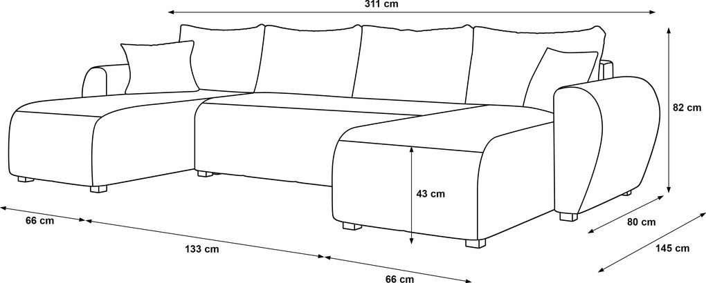 SEVIO U alakú kihúzható ülőgarnitúra, 311x145 cm, sötétszürke + 2 párna INGYEN