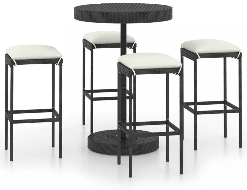 5 részes fekete polyrattan kerti bárszett párnákkal