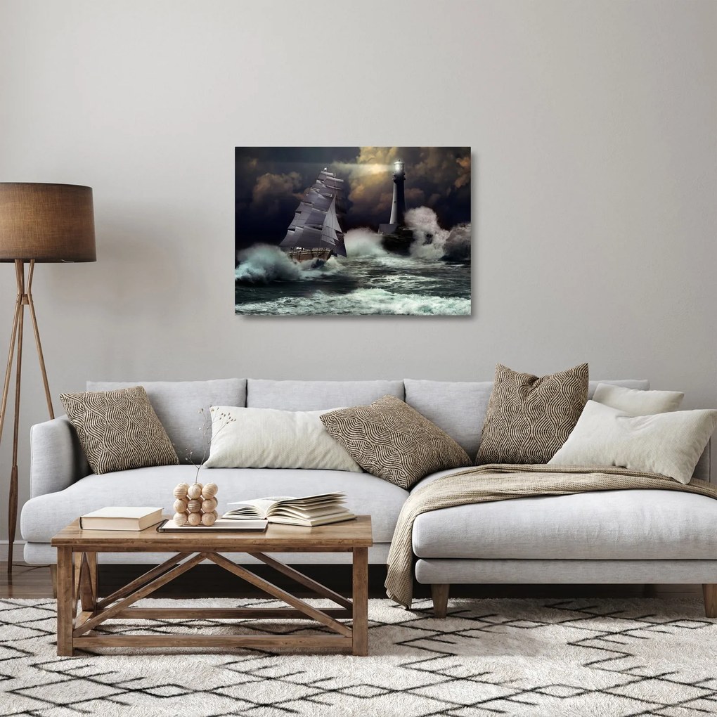 Kép - Viharos hullámokon áthajózó hajó (üvegen) (70x50 cm)