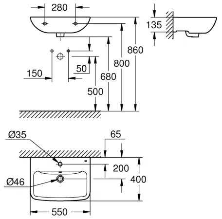 GROHE 39949000 - Mosdó START EDGE 550 × 400 mm kerámia/fehér