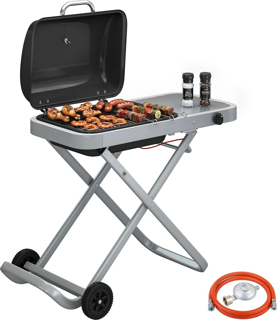 Outsunny hordozható 1-égős 2,5 kW összecsukható gázgrill kocsival, oldalsó polccal, fedélhőmérővel és csepegtetőtálcával – asztali kültéri grill BBQ-h
