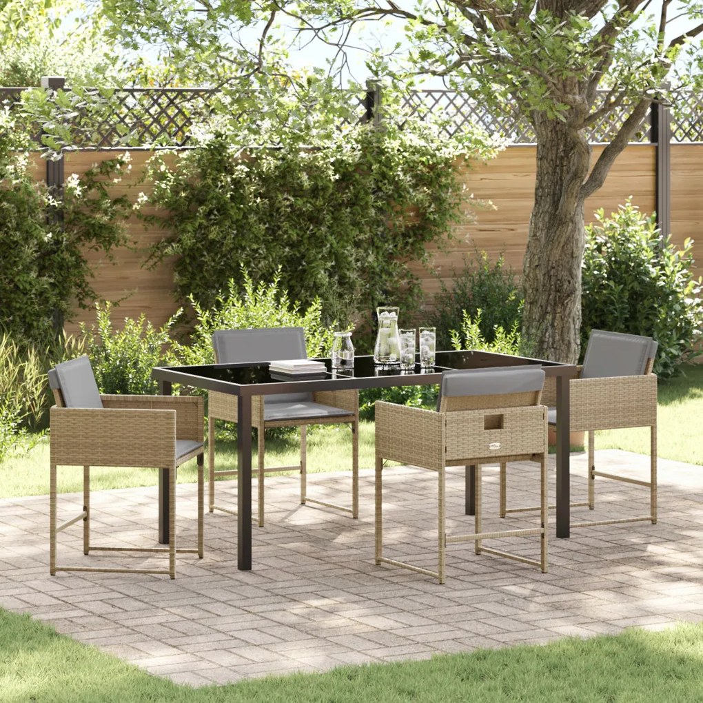 5 Darabos Kert Étkezőszett Párnákkal Bézs Poly Rattan, Kert Asztal Fekete 160x80x73 cm Edzett Üveg