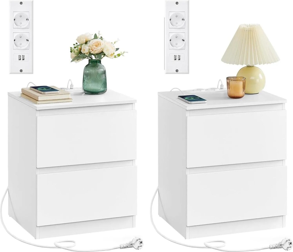 Éjjeliszekrény beépített konnektorral, 2 db-os szett felhőfehér