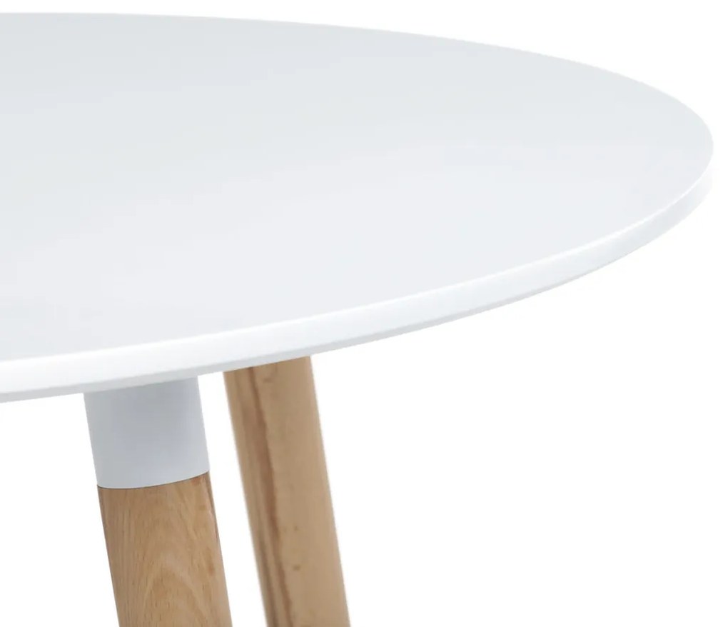 Masă de sufragerie Young in stil scandinav. Masă de sufragerie, 90x90x74 cm, MDF - lac mat alb, cadru metalic, picioare din lemn