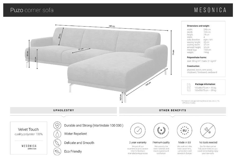 Puzo szürke bal oldali bársony sarokkanapé - MESONICA