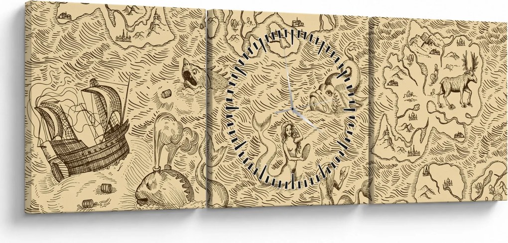Kép - Vintage térkép, illusztrációk (órával) (90x30 cm)