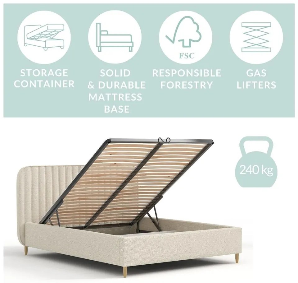 Bézs kárpitozott ágyneműtartós franciaágy ágyráccsal 140x200 cm Noto – Maison de Rêve