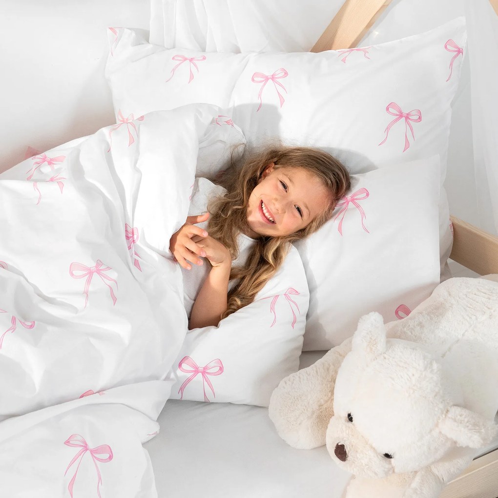 Goldea gyermek pamut ágyneműhuzat - rózsaszín masnik 150 x 200 és 50 x 60 cm