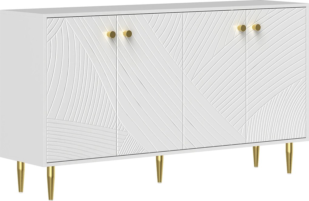 HOMCOM Fehér Büfé Szekrény Állítható Polcokkal, Domború Ajtókkal, Modern Büfé Nappaliba, Konyhába, Étkezőbe, 140 x 35 x 77,5 cm | Aosom