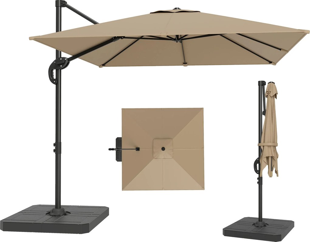 Outsunny konzolos négyzetes napernyő 2,4×2,4 m talppal és töltőlemezekkel — alumínium, 360°-os lábpedálos oszlop, UPF50+, 5 fokozatú döntés, khaki | A