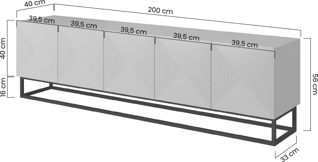 Asha RTV szekrény 200 cm - ryflowott előlap / fekete fém lábak, artisan / fekete matt