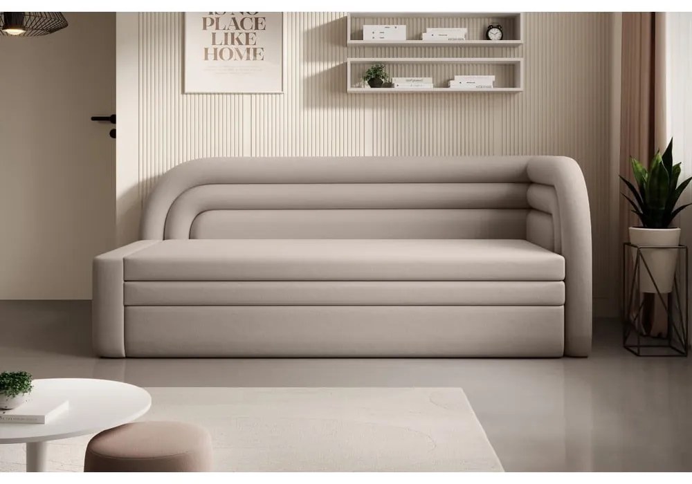 Bézs bársony kinyitható-tárolóhelyes kanapé jobb oldali 223 cm Fabillo – ELTAP