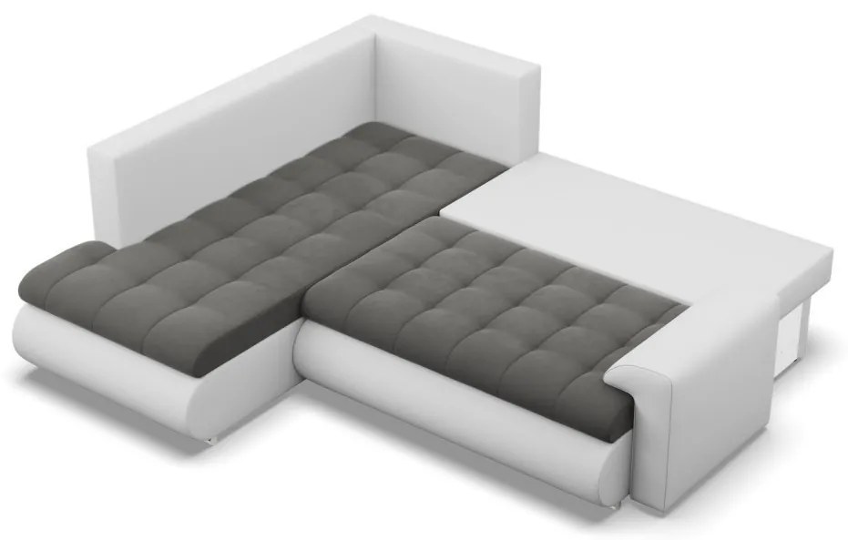Tokio sarokkanapé, L alakú háttámlával, 2 ágyneműtartóval, bársony + műbőr, baloldali, szürke - fehér