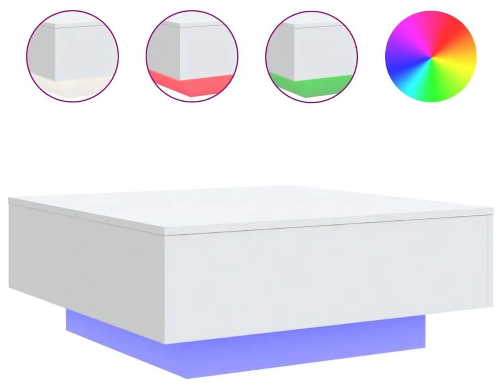 fehér dohányzóasztal LED-lámpákkal 80 x 80 x 31 cm