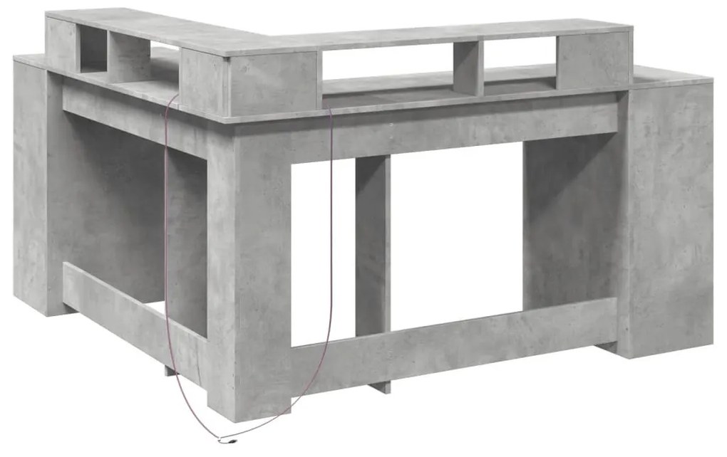 betonszürke szerelt fa íróasztal LED-világítással 152x152x91 cm