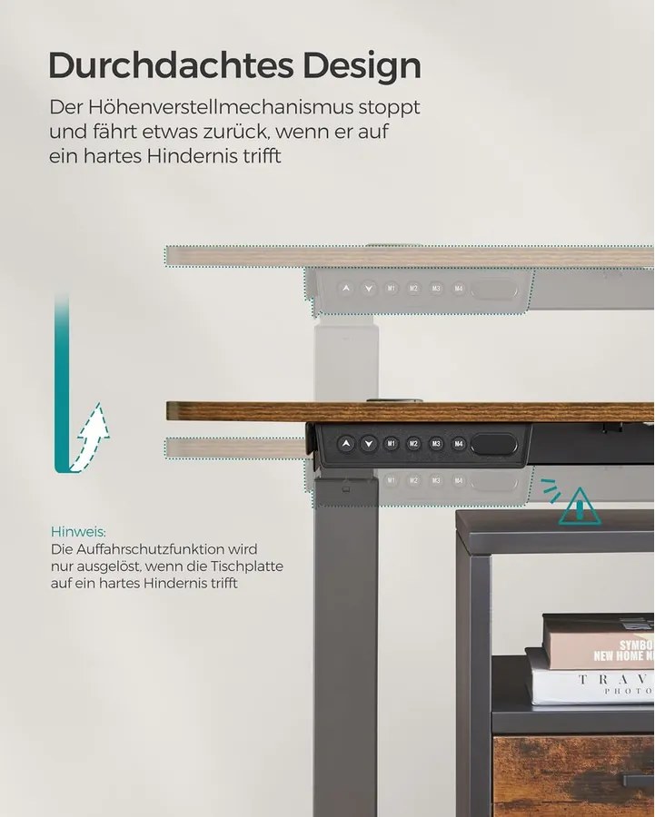 Elektromosan állítható íróasztal, 160 x 70 cm, 72–120 cm, 4 memóriahellyel, vintage barna/fekete