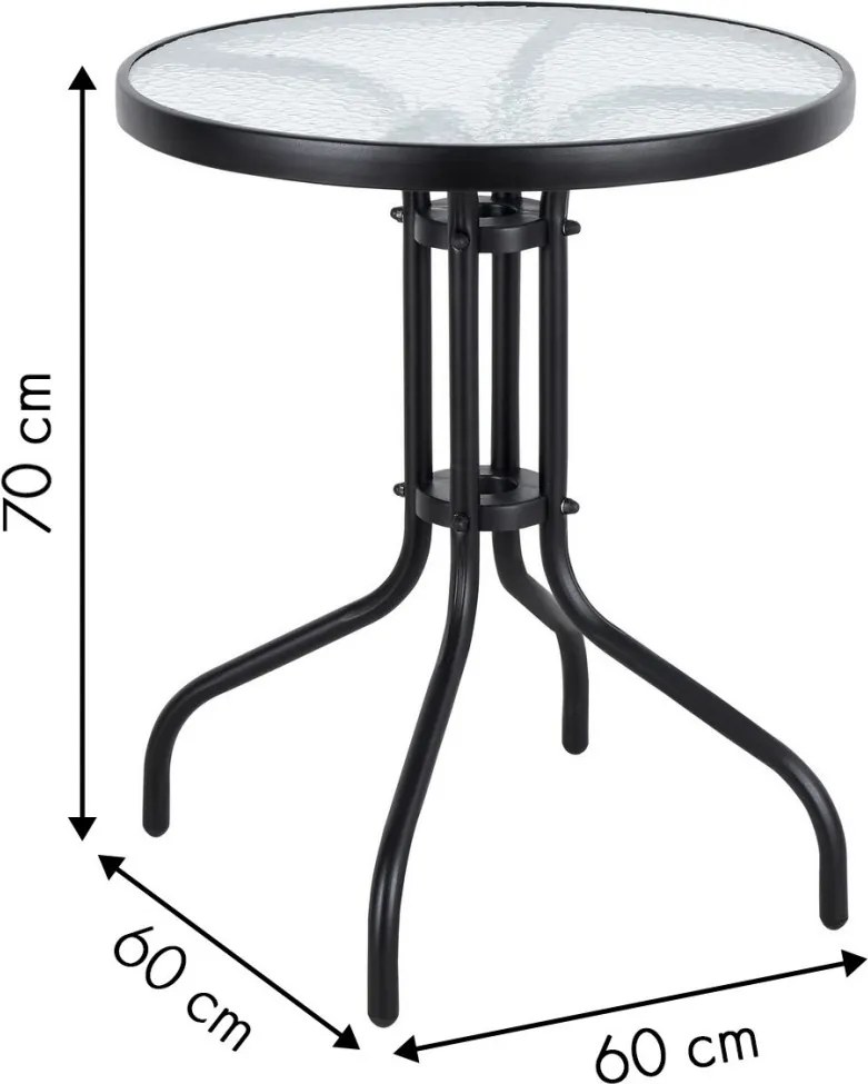Kerti asztal, MultiGarden SC-070, fekete, kerek, átmérő: 60 cm, magasság: 70 cm, edzett üveglap, porszórt acél váz, teherbírás: 60 kg