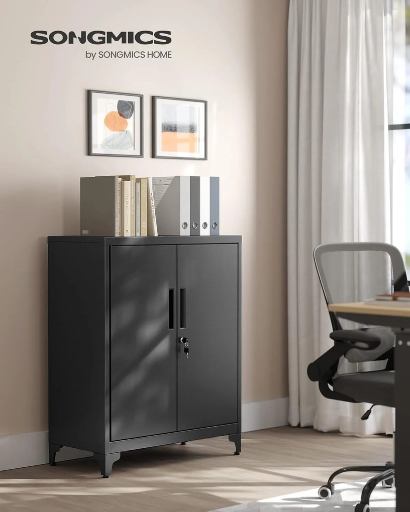 Iratszekrény, többfunkciós garázsszekrény, irodai szekrény 2 ajtóval fekete színben