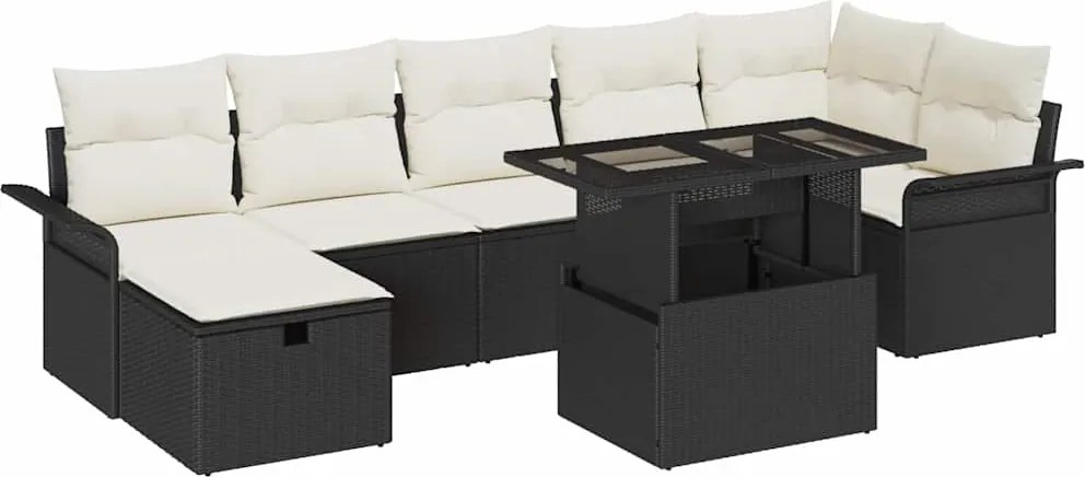 vidaXL Kerti Kanapé Szett párnával tárolóval 8 pcs Fekete Poli rattan