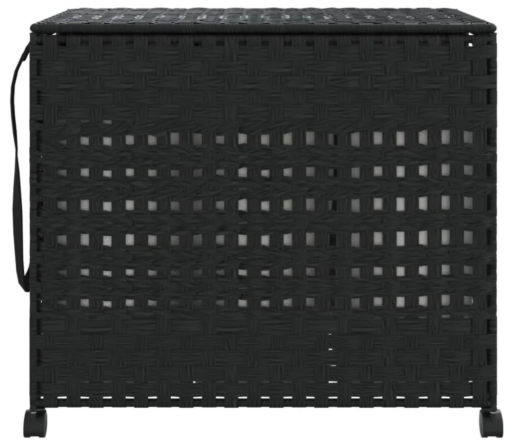 fekete rattan szennyeskosár kerekekkel 66x35x60 cm