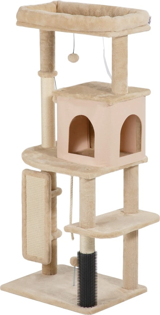 PawHut Macska Kaparófája 132 cm Magasságú Macska Torony Platformokkal, Kefével és Lógó Golyókkal Bézs | Aosom