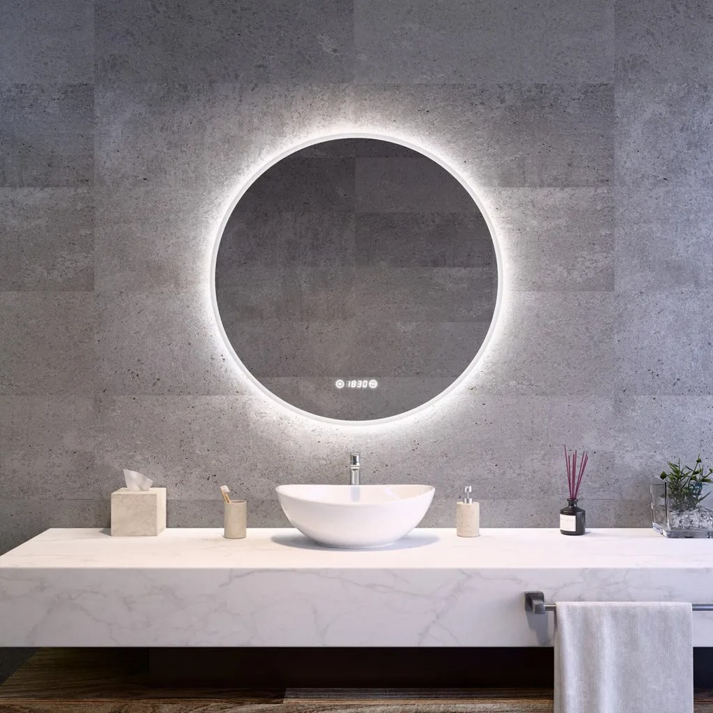 Kerek fürdőszobai LED tükör Ø80cm | Bluetooth hangszóró - Páramentesítő - Óra - Fényerő és színhőmérséklet szabályozás | Welland Alpha
