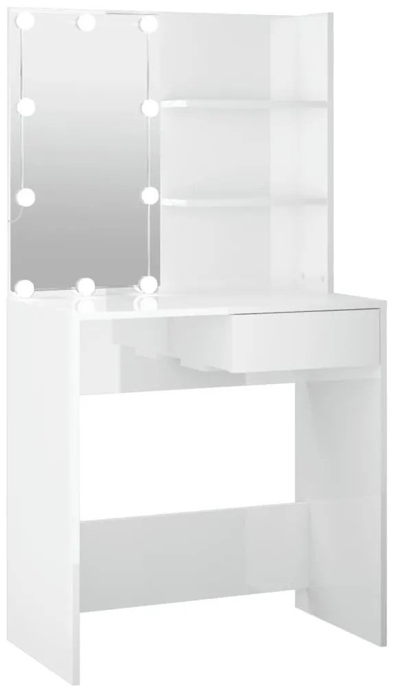 magasfényű fehér fésülködőasztal LED-del 74,5x40x141 cm