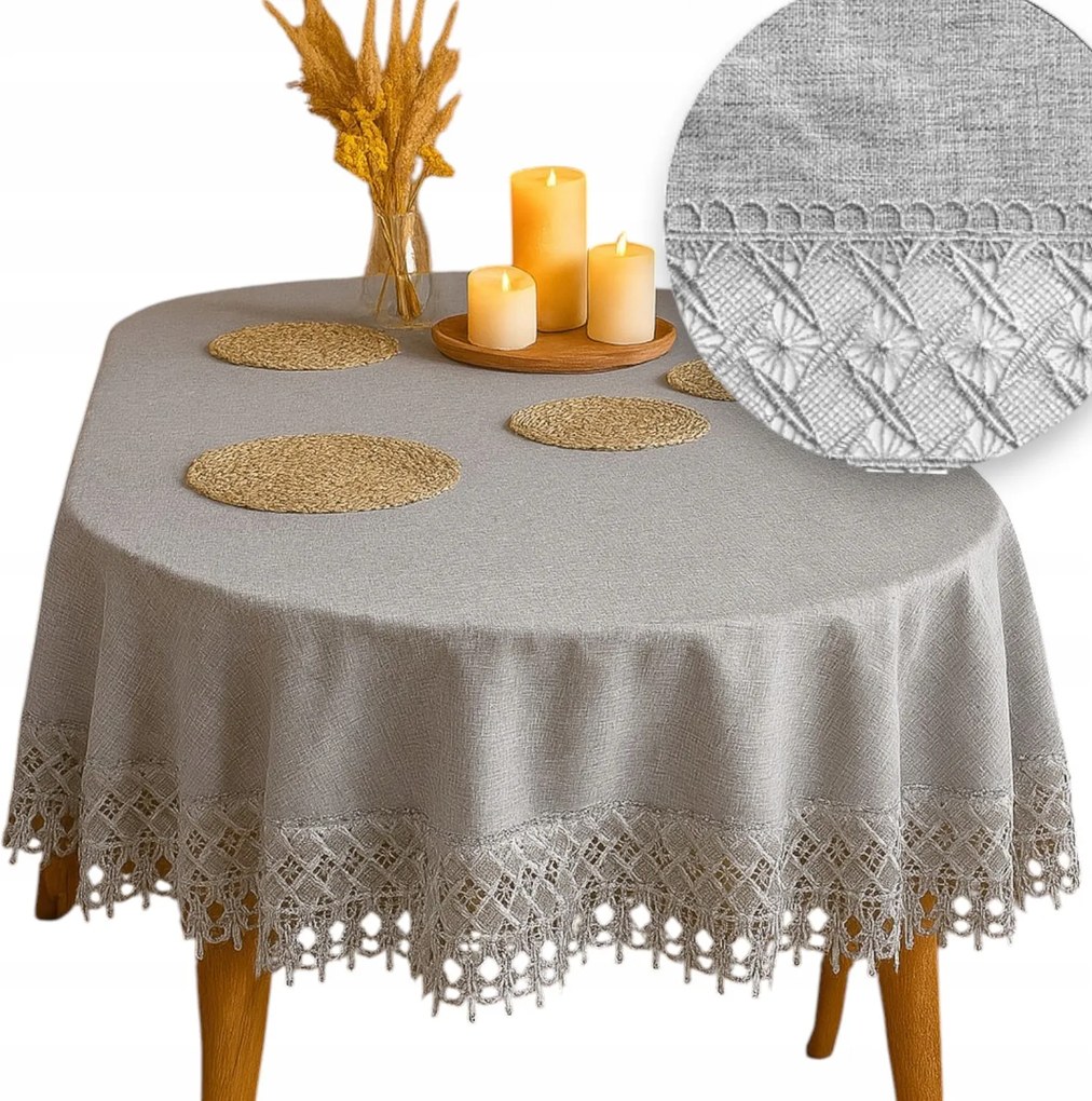 Ovális Szürke Abrosz asztalra Sima csipkével 110x160 Ovális lenvászon