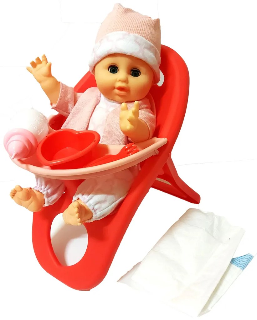 Dinner Time 33 Cm Gügyögő Pislogó Kisbaba Játék Szett Etető Székkel és Készlettel Megitatható + ajándék Pelenka Szép Játék Karácsonyra