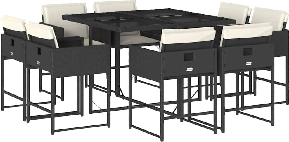 vidaXL 9 részes fekete polyrattan kerti étkezőgarnitúra párnákkal