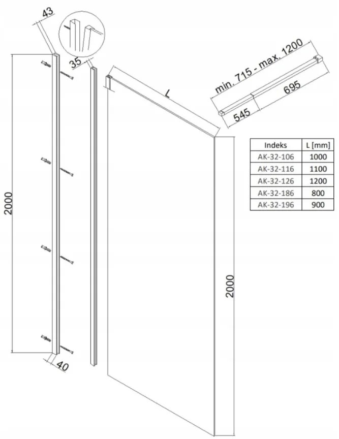 Invena Walk-In, zuhany paraván 120X200cm, 8mm átlátszó üveg, króm profil, INV-AK-32-126-O