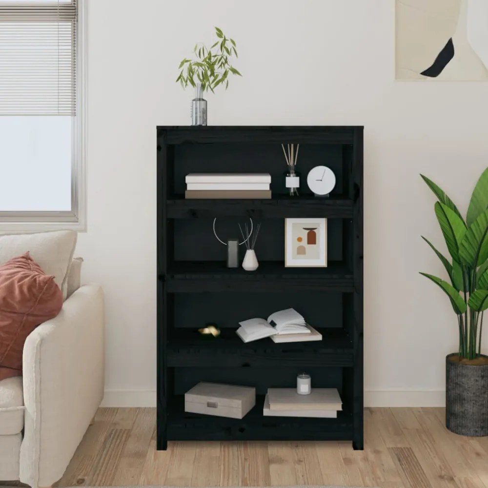 fekete tömör fenyőfa könyvszekrény 80x35x126 cm