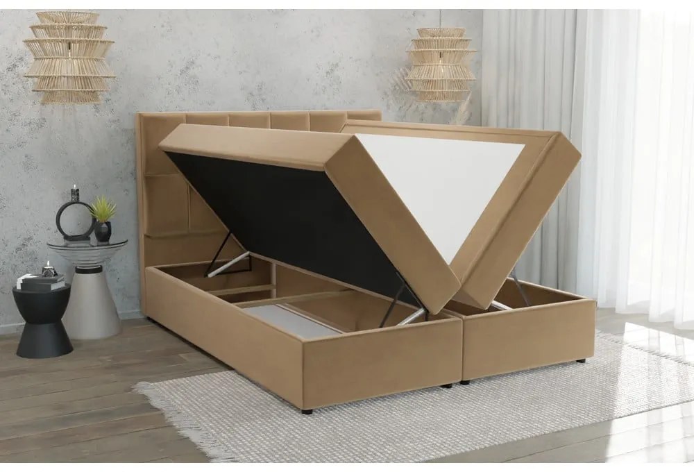 Okkersárga ágyneműtartós boxspring ágy 200x200 cm Flip – Ropez