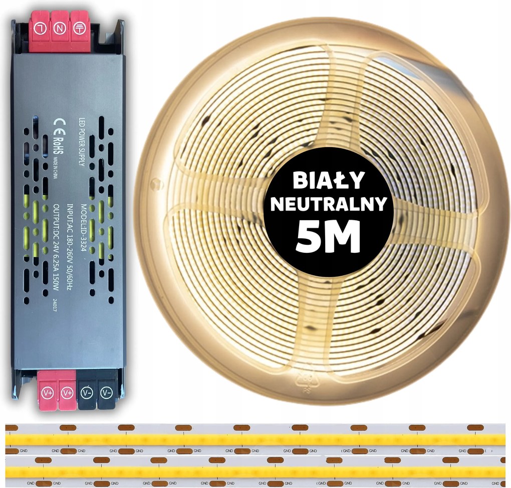 5M Led szalag Cob 480 dióda 4000K semleges fehér 24V 10W tápegység