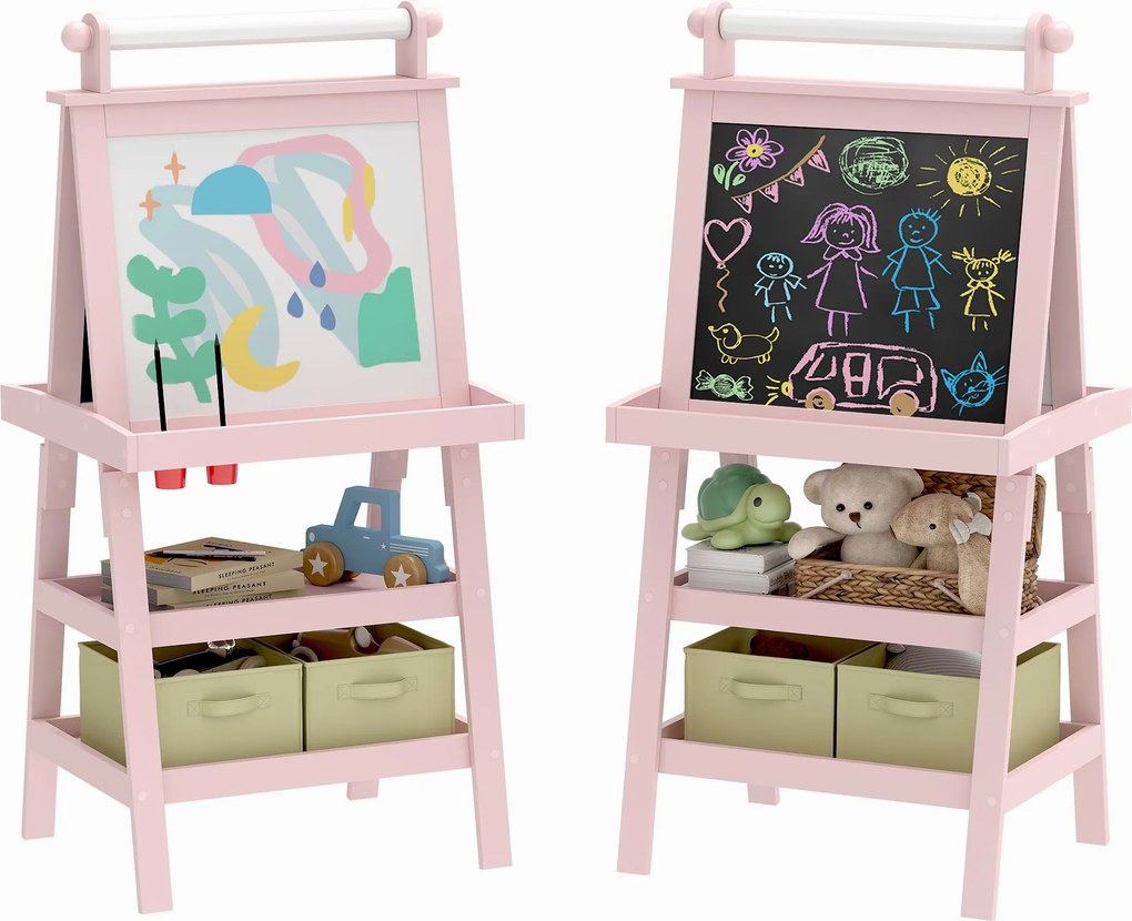 AIYAPLAY Gyermekrajzoló Állvány 3 az 1-ben, Kétoldalas Mágneses Gyermek Fekete Tábla Festő Állvány Papírtekercssel és Tároló Kosarak 59x48x118 cm Rózs