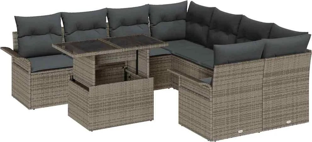 vidaXL Kerti Kanapé Szett párnával tárolóval 9 pcs Szürke Poly Rattan