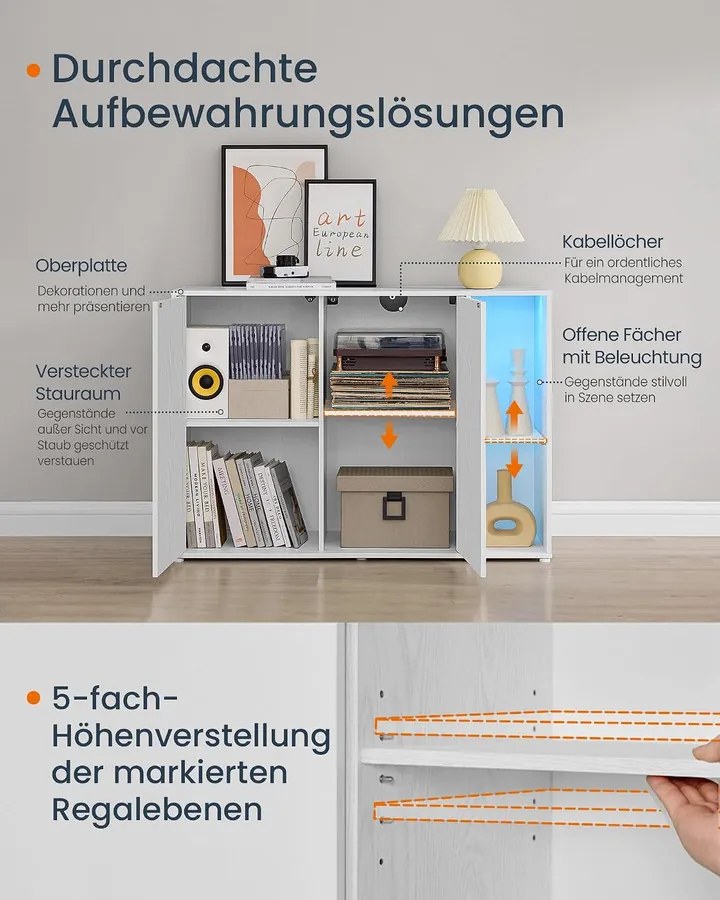 SONGMICS HOME Snapsemble TV-állvány és Tálalószekrény LED-del, KADIN, Hófehér